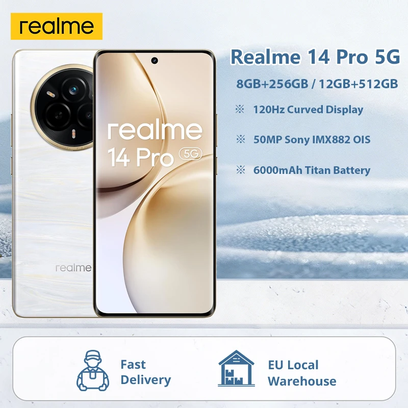 Versione Globale Realme 14 Pro 5G Smartphone 256GB / 512GB Dimensity 7300 Display OLED 6.77'' 120Hz Batteria 6000mAh Fotocamera 50MP OIS NFC Senza Caricabatterie