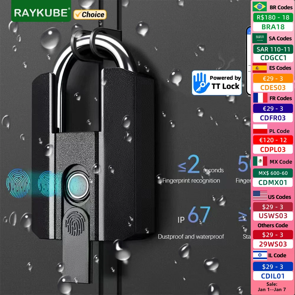 Raykube à prova dwaterproof água tt lock ble bloqueio eletrônico digital cadeado de impressão digital com bateria recarregável embutida app chave