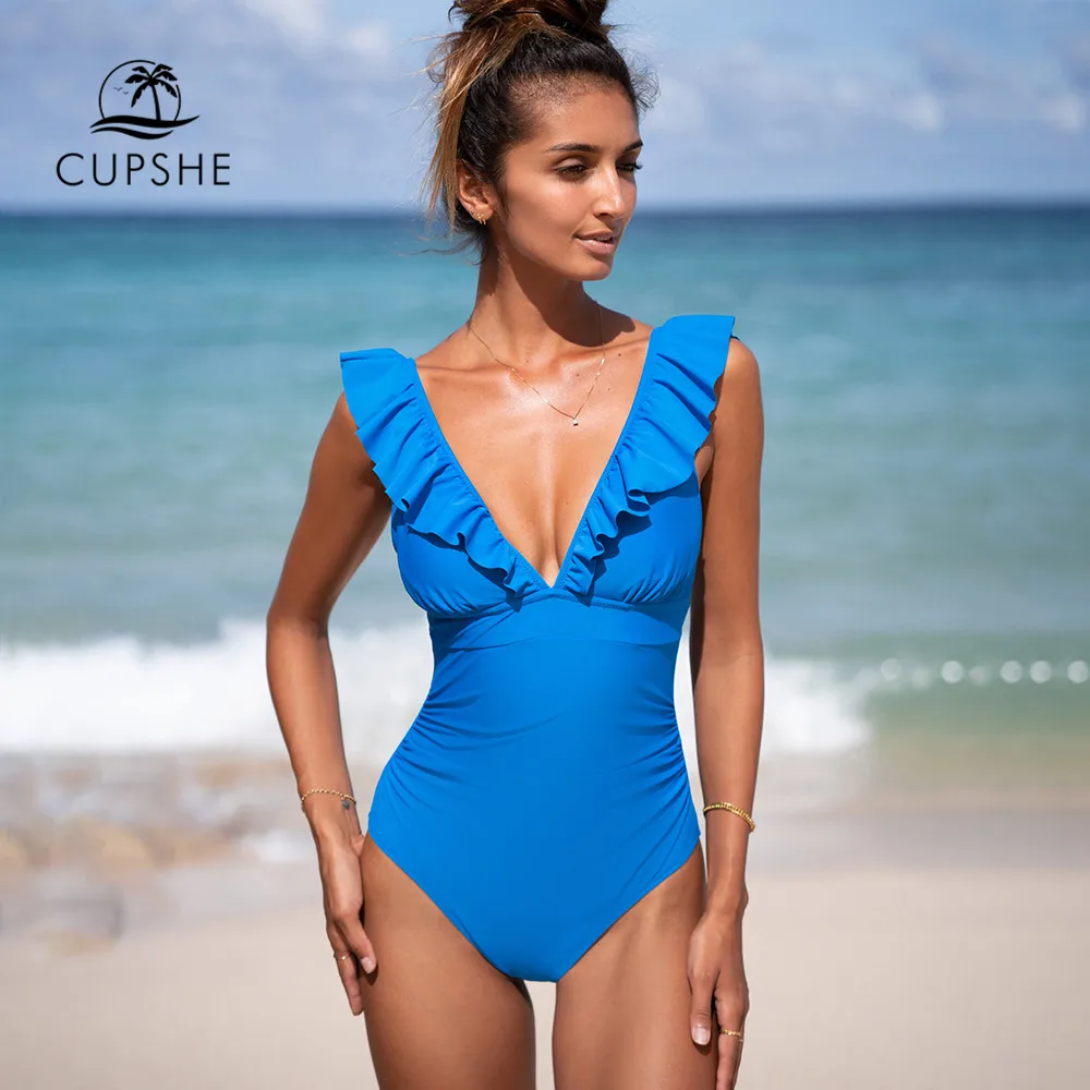 CUPSHE Blue Ruffled Tie Back One-Piece Swimsuit For Women Sexy V-neck Shirring Monokini Swimwear 2023 Bathing Suits Beachwear