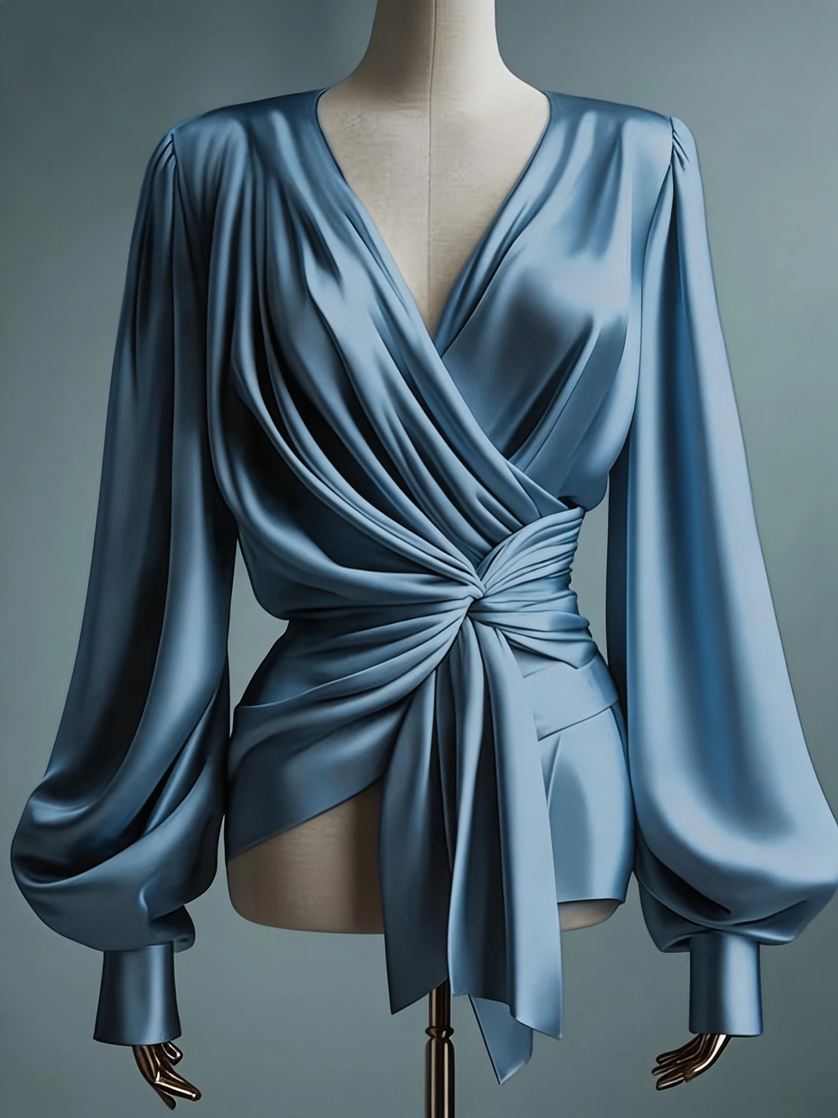 

Women's Elegant Satin Solid Wrap V Neck Lantern Sleeve Top, Fashion Office Daily Casual Versatile Blouse