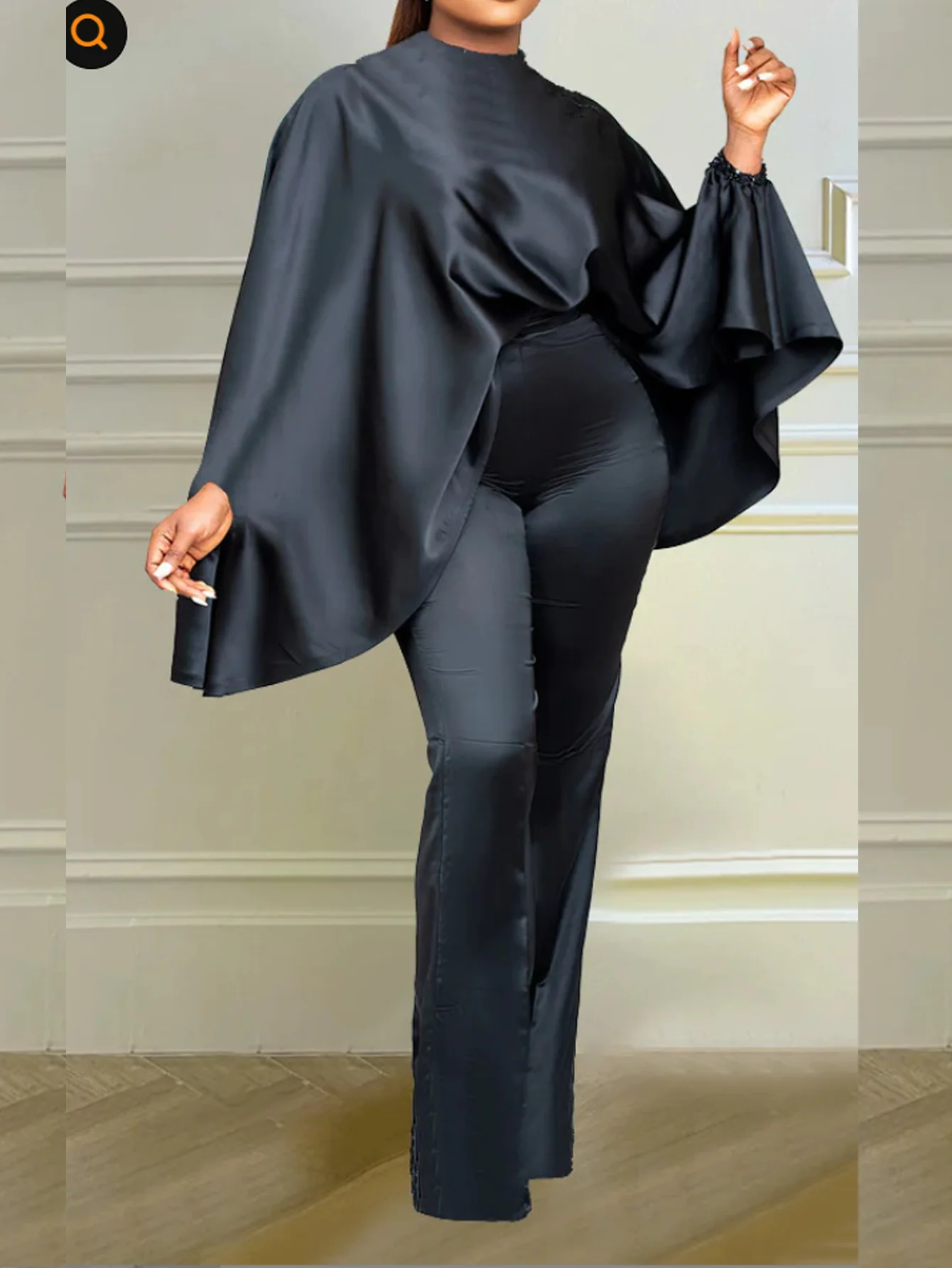 

Women's Elegant Two-Piece Satin Batwing Sleeve T-Shirt Top and Fitted Wide-Leg Pants Suit