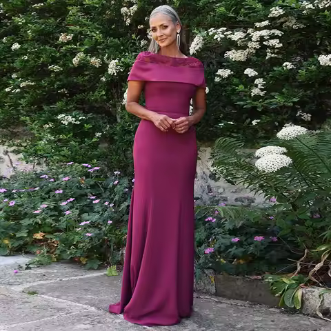 Customized Mother of The Bride Dress for Women Wedding Illusion Shoulder Mermaid Long Evening Gowns Fuchsia Prom Party Dress