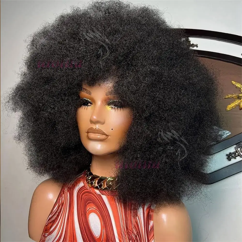 Kurze, krause, gelockte Vollperücke mit Pony und Kopfhaut-Optik, Remy brasilianisches Afro-Krauselocken-Echthaar für schwarze Frauen 1B – Detail 4