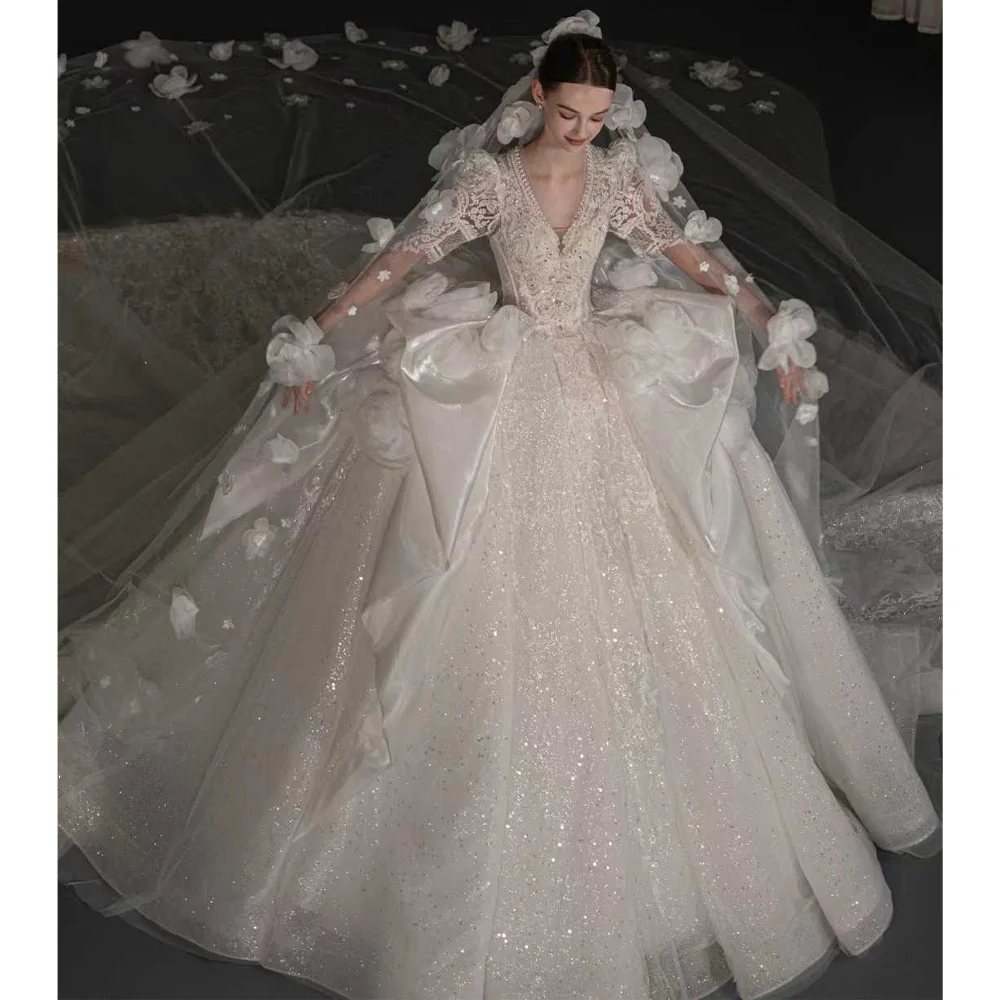 Robe de mariée de luxe à col en v, dos à lacets et broderie de fleurs 3D, demi-manches, robe de mariée personnalisable