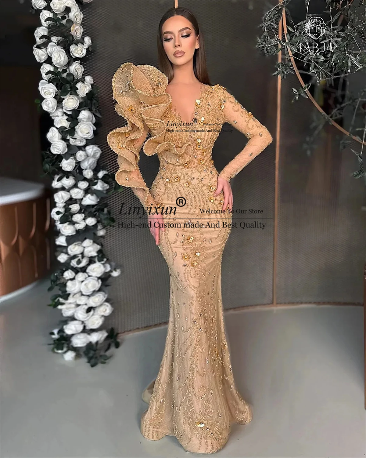 Vintage Ruffles Off Shoulder Prom Dress Arabic Champagne Long Sleeves Evening Gowns Women Customized Crystal Mermaid Party Dress