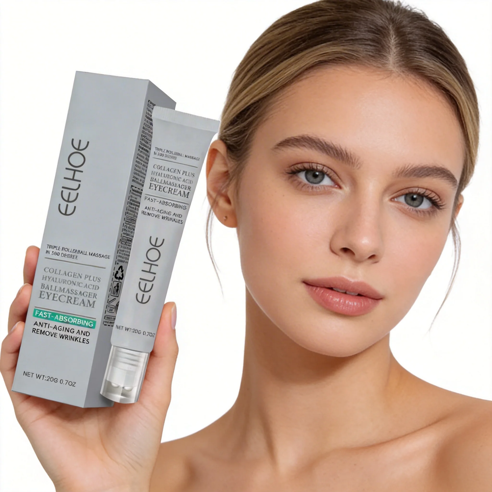 EELHOE 20g Collagen Plus Hyaluronic Acid Ball Massager Eye Cream Anti Aging Firming Eyes Skin Dark Circles Fine lines Reduction