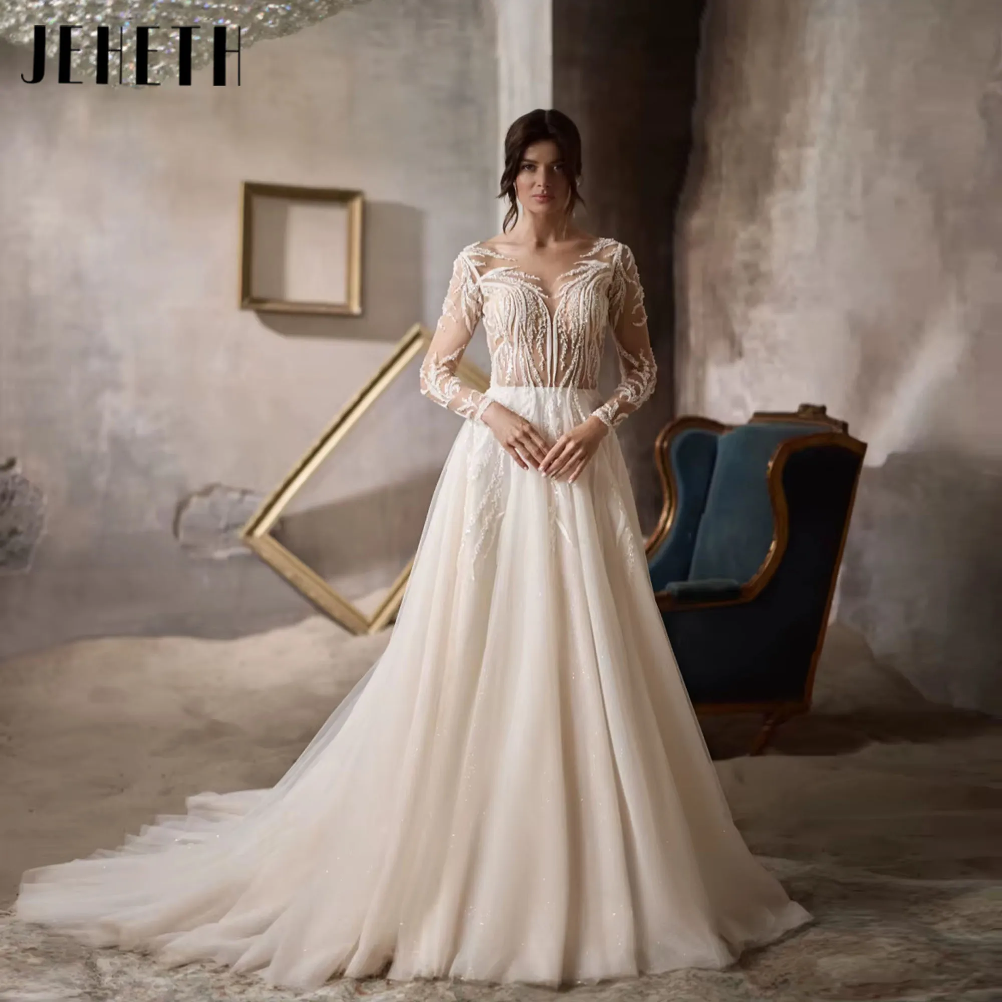 

JEHETH Elegant Dreamy Bead A-line Tulle Wedding Dress Illusion O-neck Long Sleeve Bridal Gown Sparkly Dress For Bride Customized