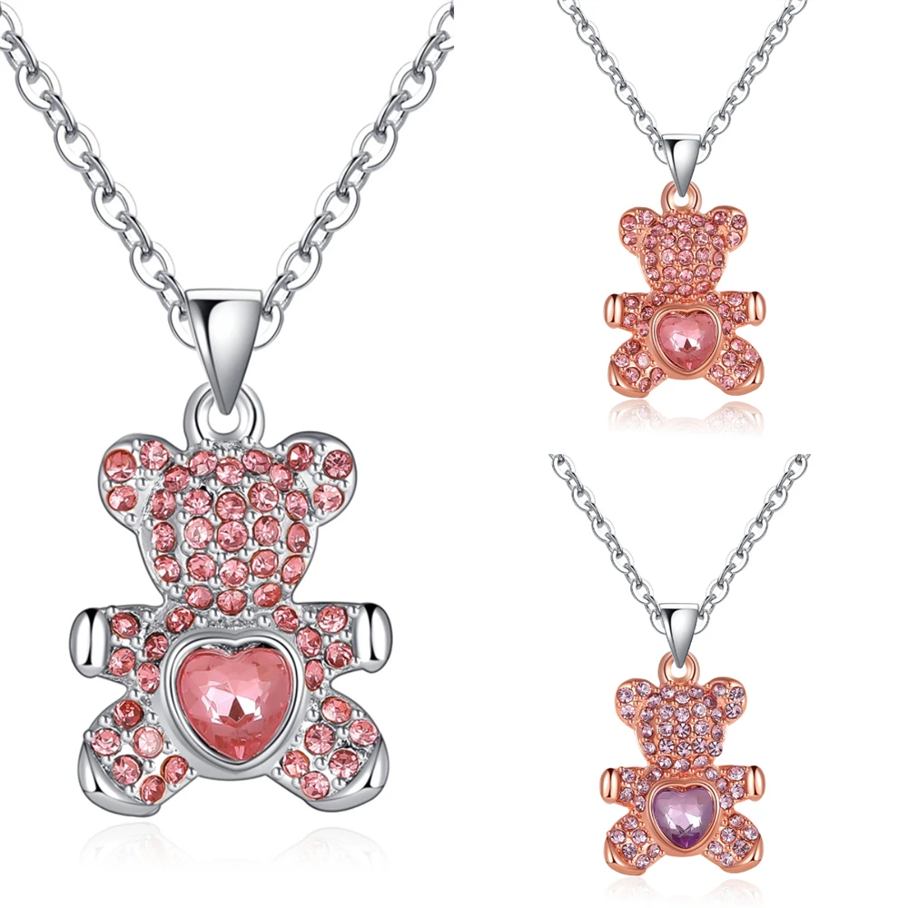 Cute Cartoon Pink Bear Holding Heart Pendant Necklace for Women Exquisite Princess Girl Party Jewelry Accessories Birthday Gifts