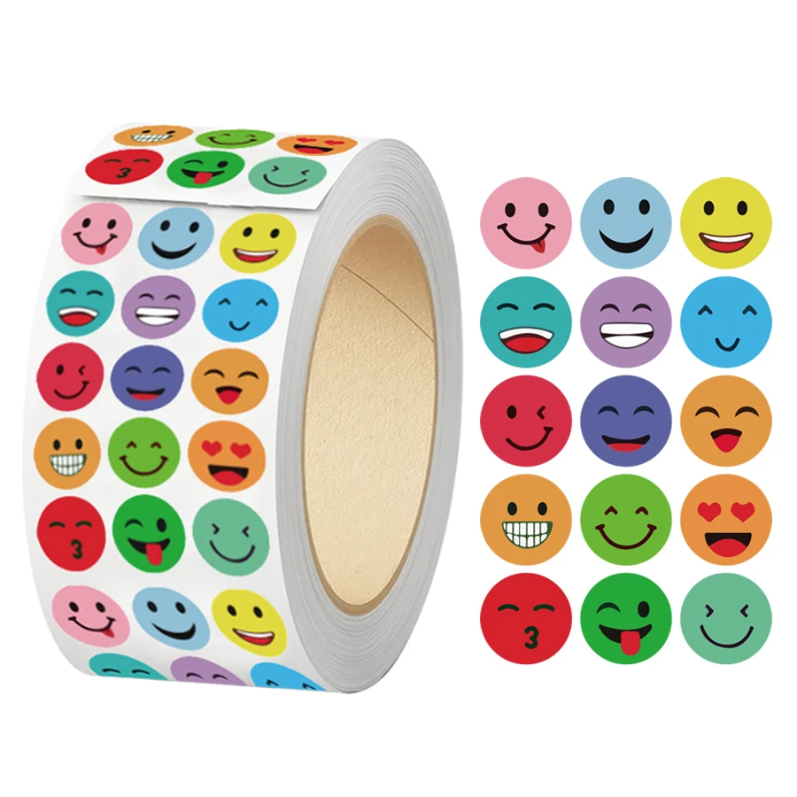 1500 Stück runde Emoticon-Aufkleber auf Rolle – mehrfarbige dekorative Etikettenaufkleber für Verpackungen, Versiegelungen, Tagebücher