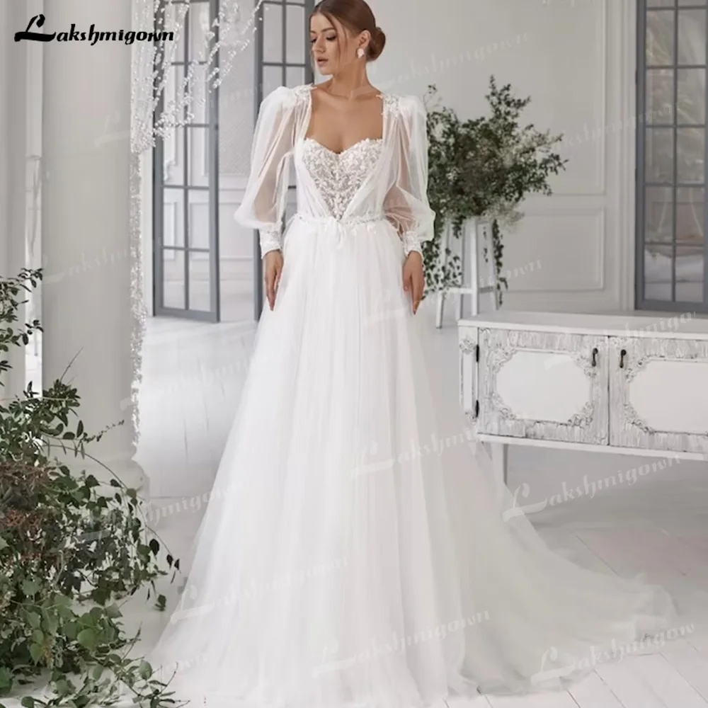 Vestidos de casamento A-Line com mangas longas, vestido de noiva chique com apliques, pescoço sexy, robe de noiva sem costas