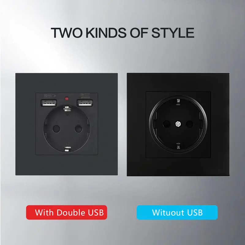 European Standard 86 German Socket With Dual USB Charging 16A Wall Power Socket PC Panel Black White Embedded Socket With Box
