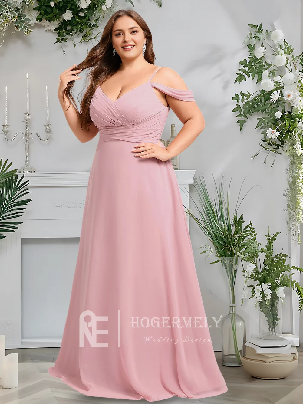 فساتين وصيفة العروس أنيقة بأكتاف مكشوفة وأحمر الخدود على شكل حرف a بطول الأرض شيفون مع أشرطة سباغيتي على شكل حرف V لحفلات الزفاف