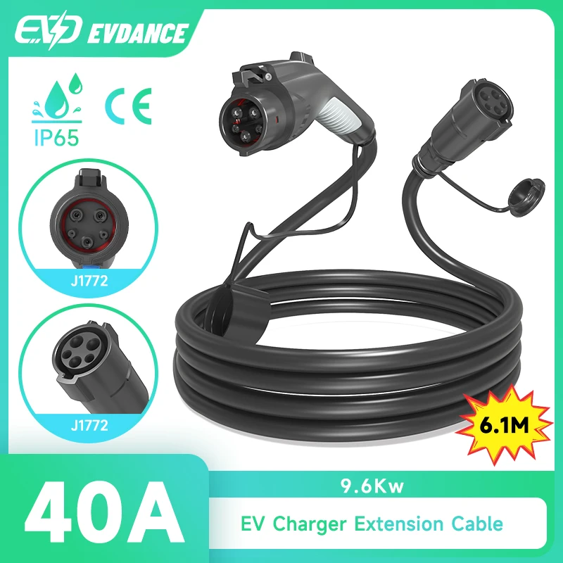 เครื่องชาร์จ evdance แบบพกพา EV ขยายสาย40A 21ft 9.6Kw อุปกรณ์ไฟฟ้าของรถยนต์ใช้ได้กับเครื่องชาร์จรถยนต์ไฟฟ้า J1772 SAE ทุกชนิด