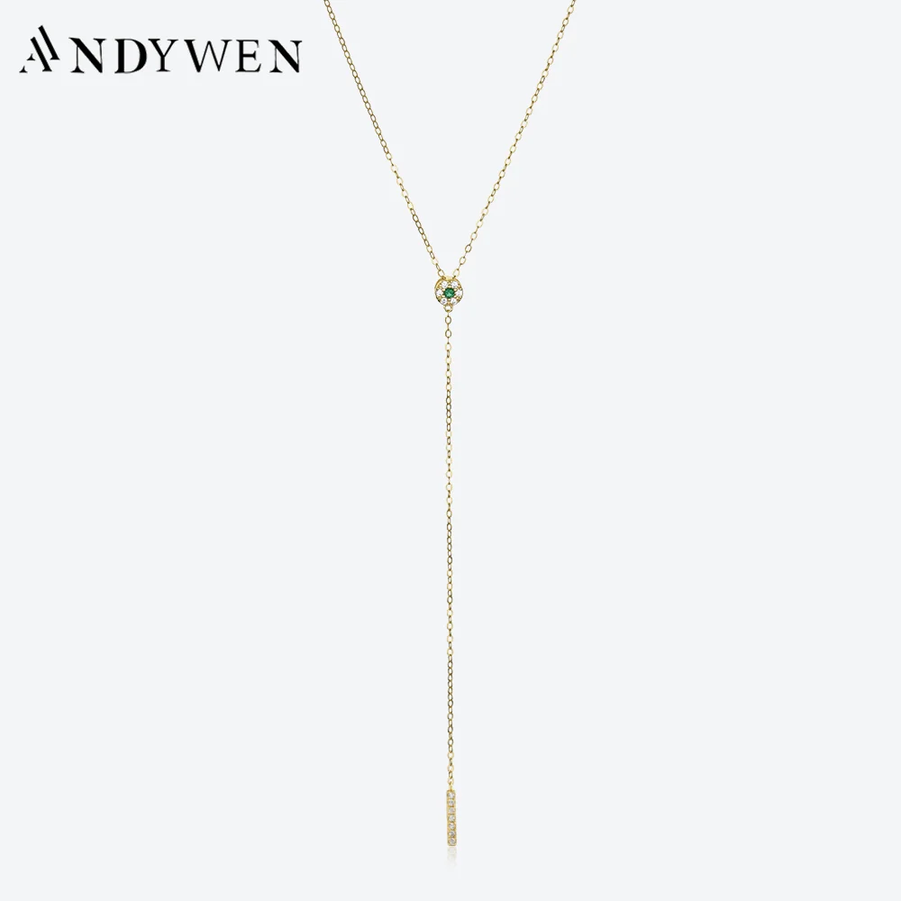 ANDYWEN 925 Sterling Silver Chain Pendant Line Drop Pendant Necklace Green Beads Luxury Fine Jewelry 2022 Winter Jewels