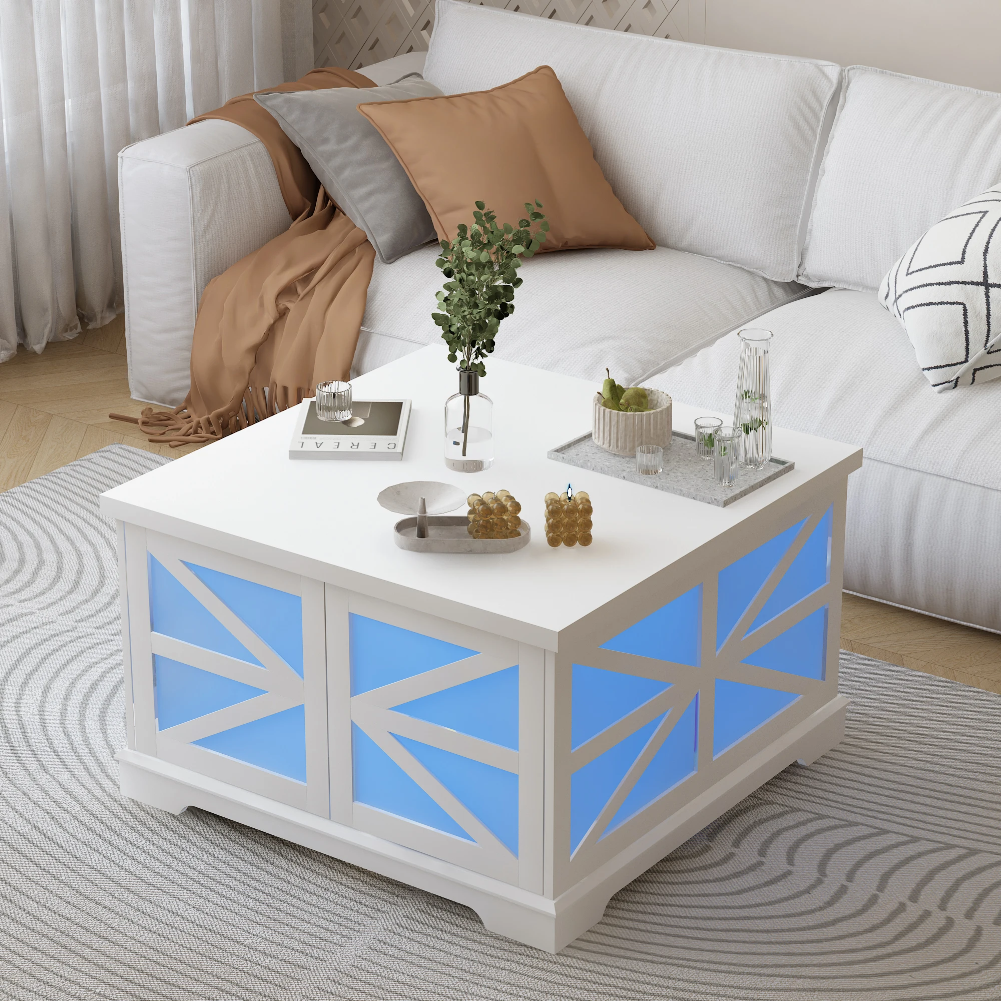 Farmhouse Square Coffee Table com luzes LED, Modern Coffee Desk para sala de estar