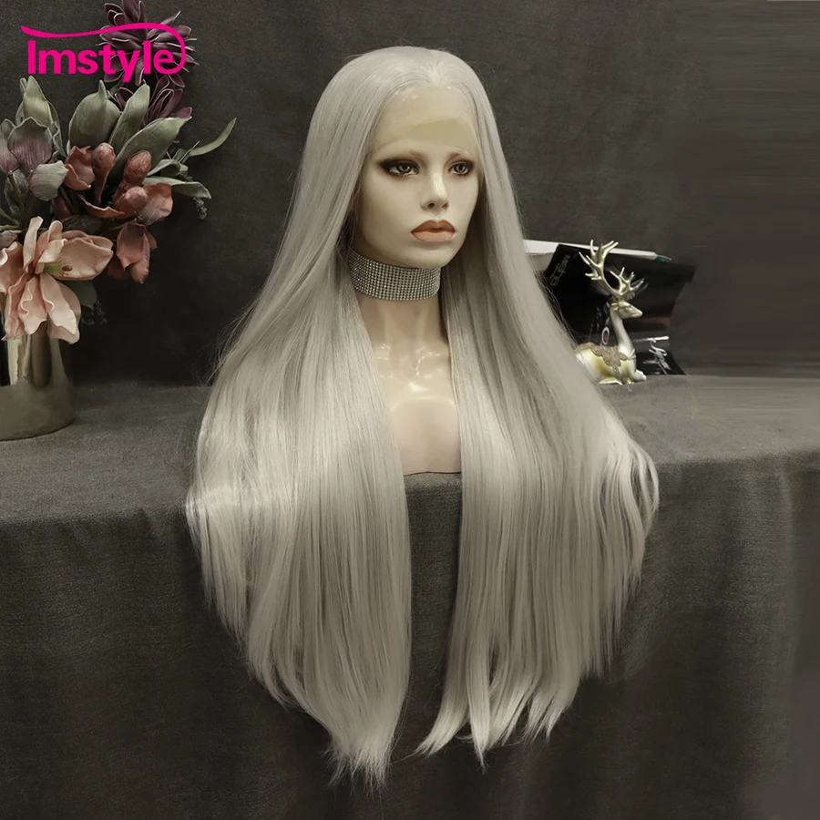 Grey Wig Long Synthetic Lace Front Wig Straight Hair Heat Resistant Fiber Cosplay Wig Synthetic Wig 30 inch