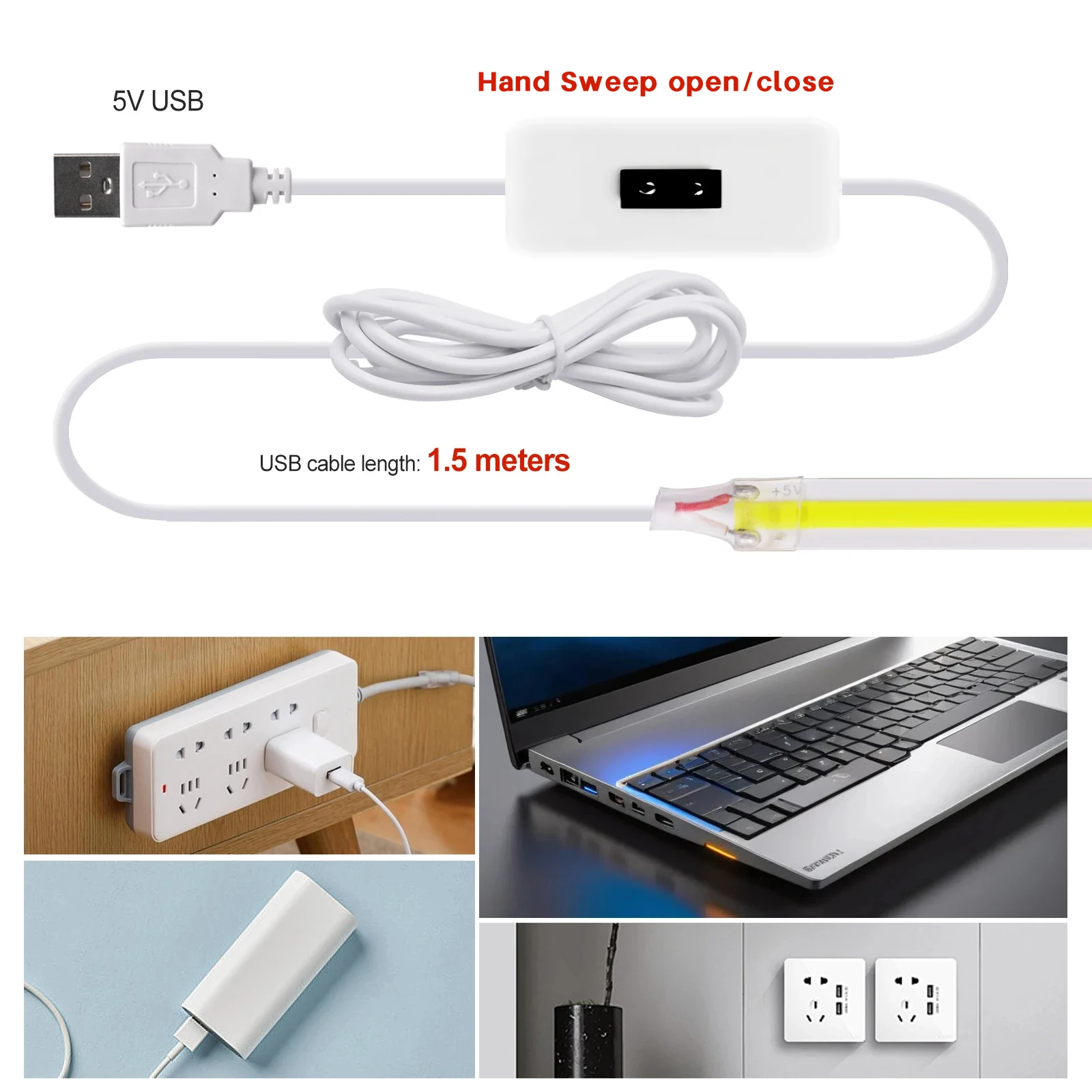 5V USB Switch Touch Dimmable COB Light Strip, Multiple Light Strips Connectable, 320 LEDs, 3000K-6000K, Home Decor Cabinet Light
