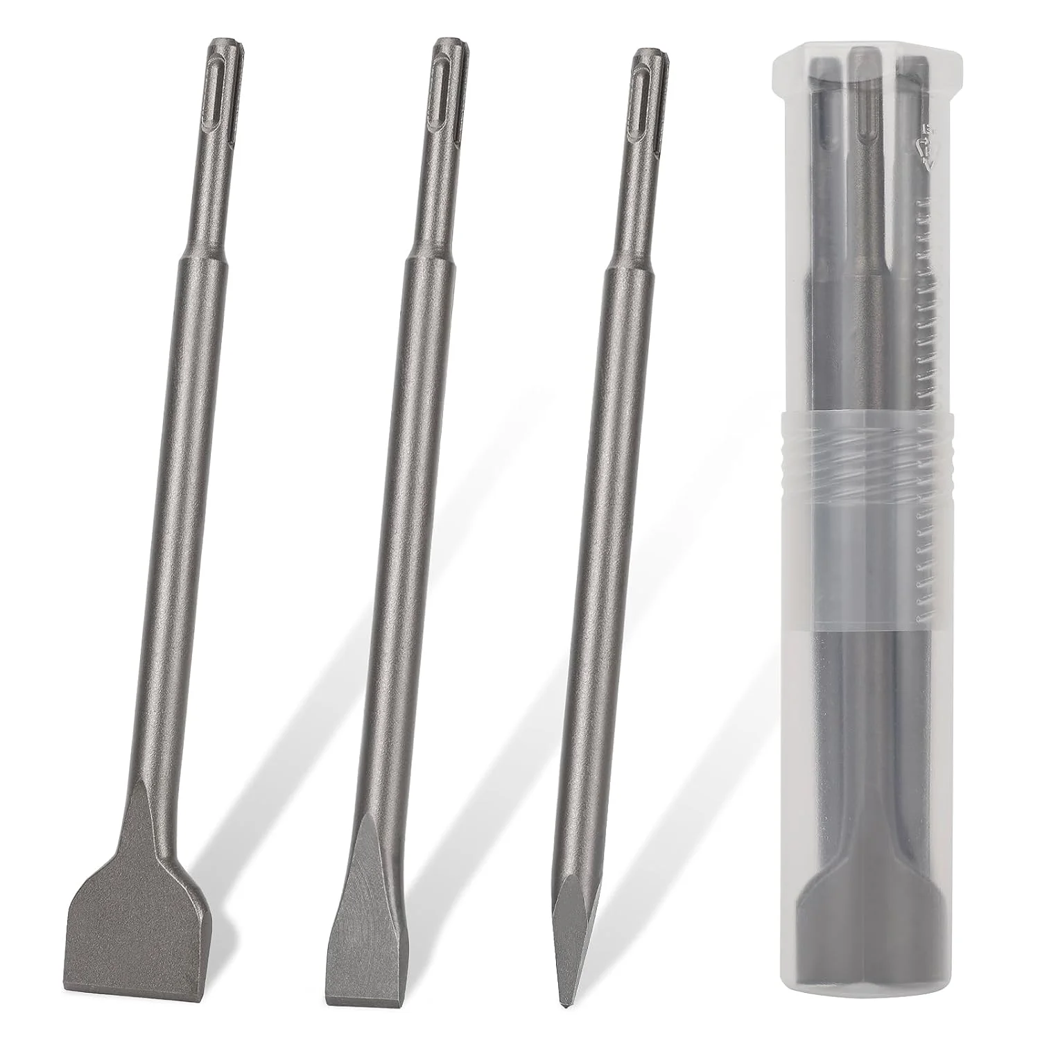 

SDS-Plus Chisel Set for Rotary Hammer Drills, 3PC Masonry Concrete Drill Bit Set, Point Flat Scaling Chisels, Storage Case, 40CR