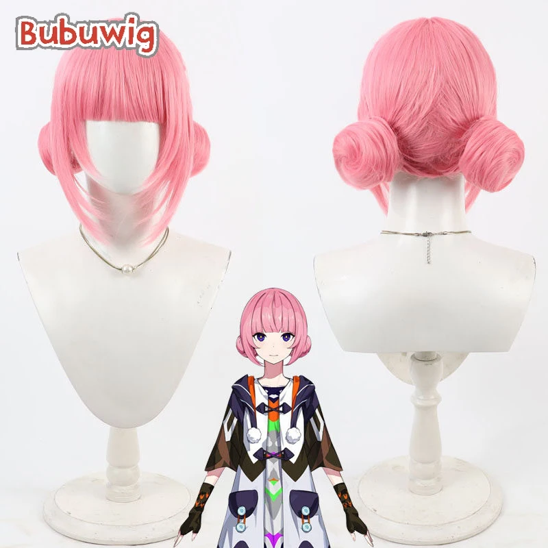 

Bubuwig Synthetic Hair Kaf Cosplay Wigs With Buns Virtual YouTuber Kaf Halloween Short Straight Pink Lolita Wig Heat Resistant