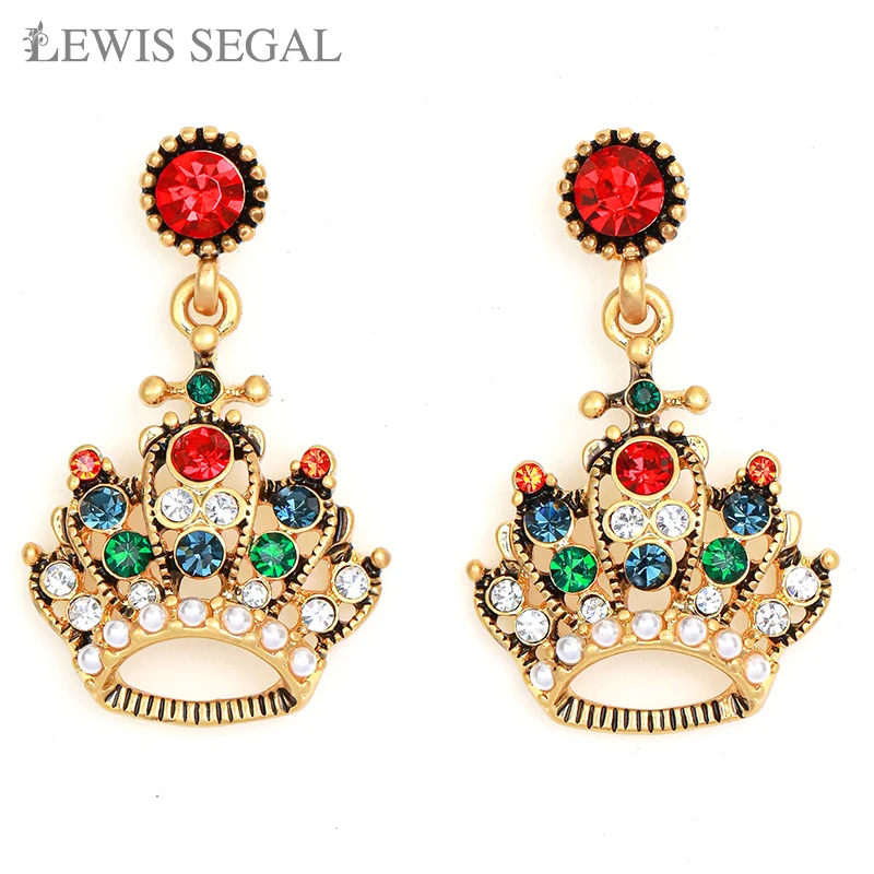 

LEWIS SEGAL 18K Gold Crown Dangle Earrings for Women Multi-colored Czech Stones Medieval Style Fine Jewelry Party Wedding Gifts