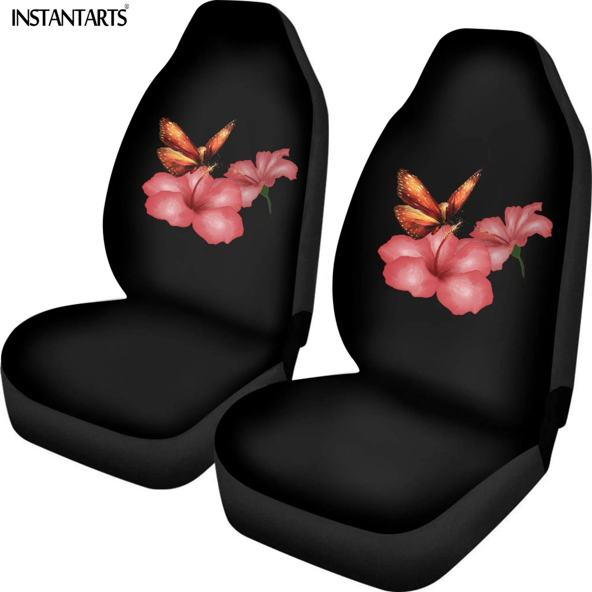 INSTANTARTS Beautiful Floral Prints Auto Seat Protectors Classical Simple Dirt Resistant Easy to Clean Black Covers for Most Car