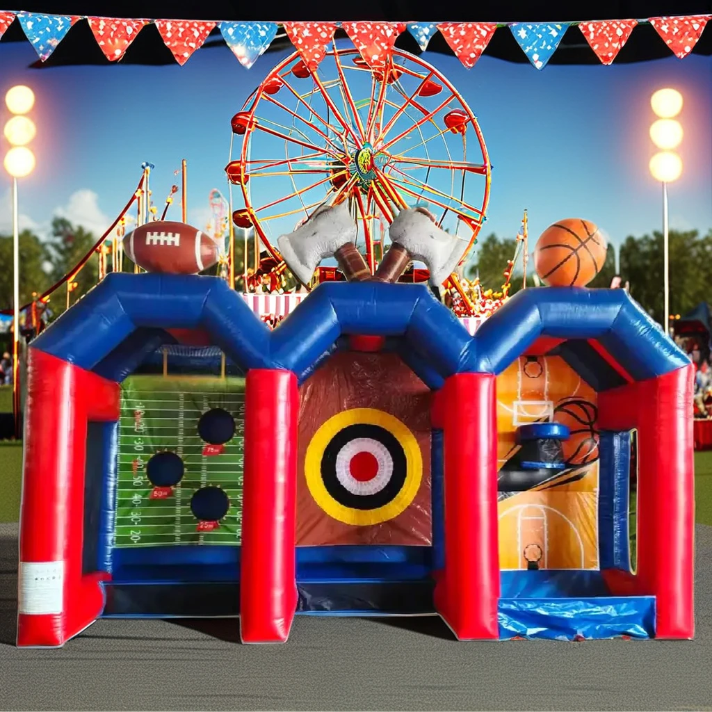 Commercial Party Rentals Inflatable 3-in-1 Carnival Game Sports Inflatable axe Throwing/Football /Basketball Shooting Game