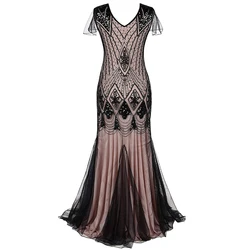 Formal dress retro 1920s sequin evening dress V-neck short sleeve mesh bead fishtail skirt women party special ocasion