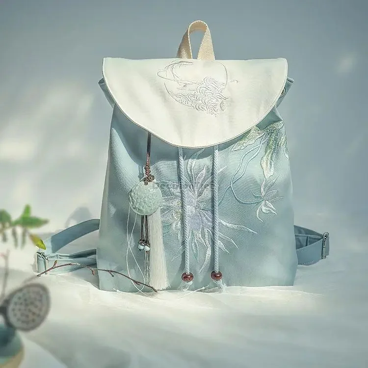 2025 nowy retro chiński narodowy starożytny styl retro hanfu torba haft sznurek płótno podwójny plecak na ramię kobiet s686 — zdjęcie 2
