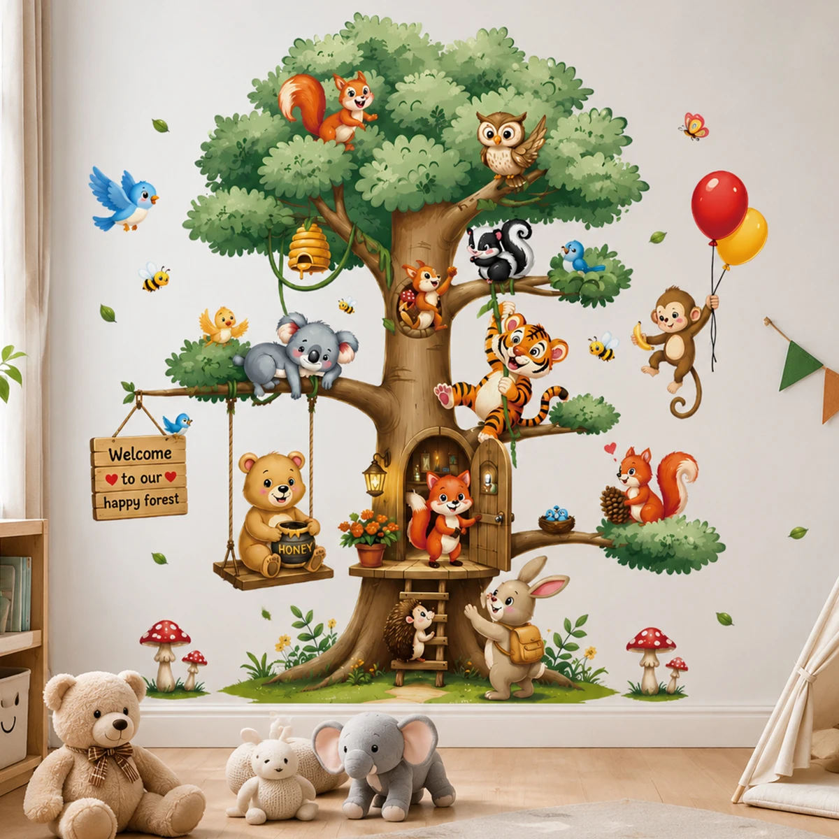Large Forest Tree House Animals Wall Stickers for Kids Rooms Owl Bear Fox Decals Baby Nursery Bedroom Playroom Wall Decor