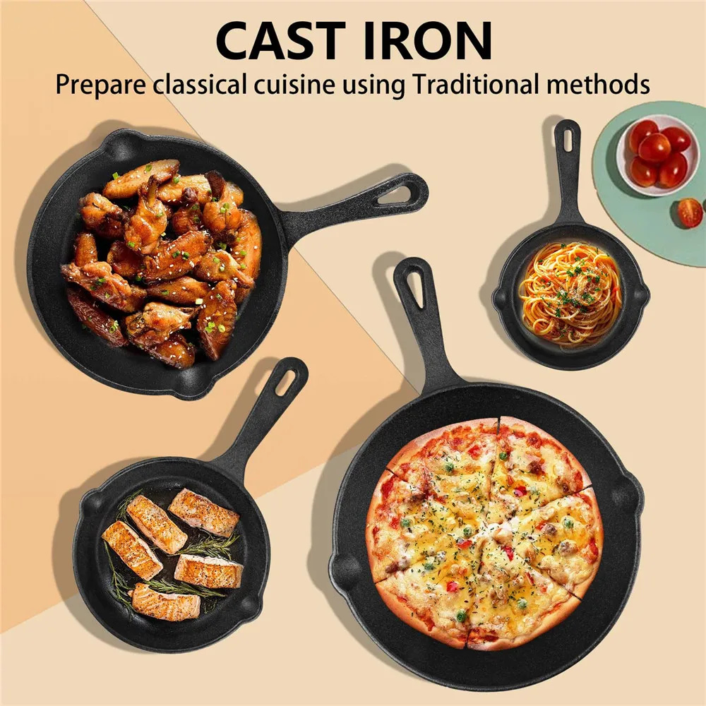 4 قطعة مقلاة غير لاصقة مقلاة حديدية غير مطلية شريحة لحم وعاء الطبخ فطيرة عموم اليدوية الحديد الزهر موقد غاز التعريفي تجهيزات المطابخ المطبخ #6