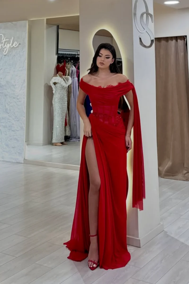 Jessica Gorgeous Red Evening Dresses Transparent Waist Prom Dresses Slim Fit, Sexy Side Slit Formal Occasions Party Dresses
