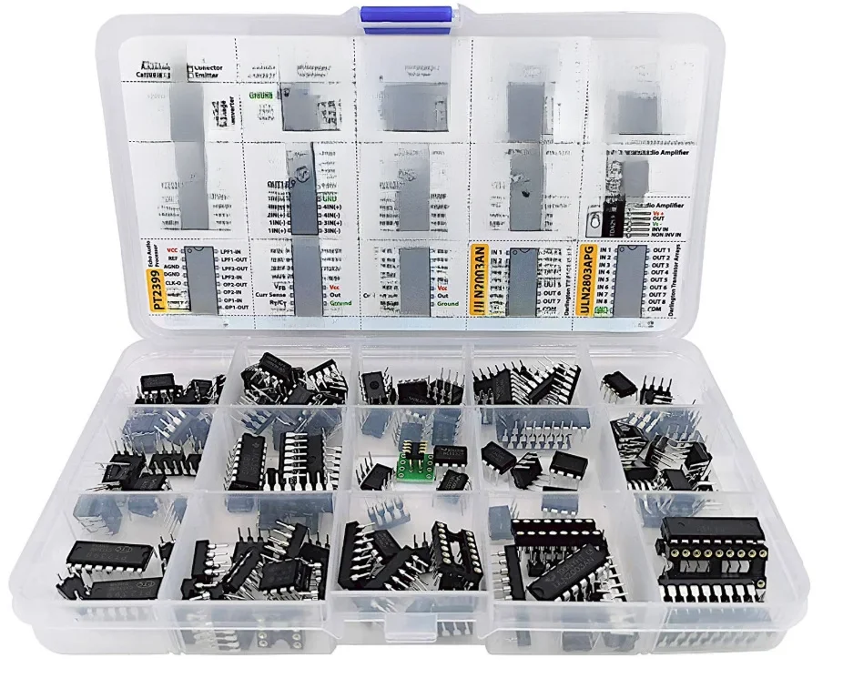 Zestaw 150 różnych układów scalonych XL, w tym wzmacniaczy operacyjnych, oscylatorów, układów PWM, PC817, NE555, LM358, LM324, JRC4558, LM393, LM339, NE5532, LM386, TDA2030. — zdjęcie produktu 7