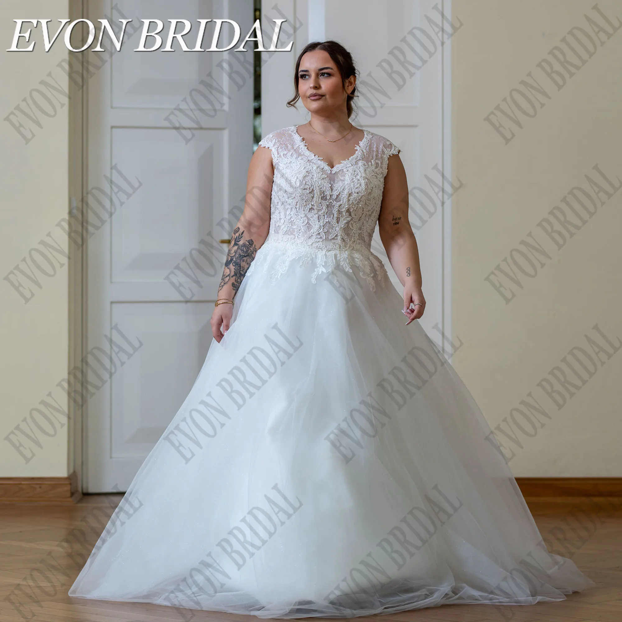 

EVON BRIDAL Customized Oversize Lace Wedding Dress Cap Sleeves V-Neck Luxury Bride Gowns 2025 Vestidos De Novia Applique A-Line