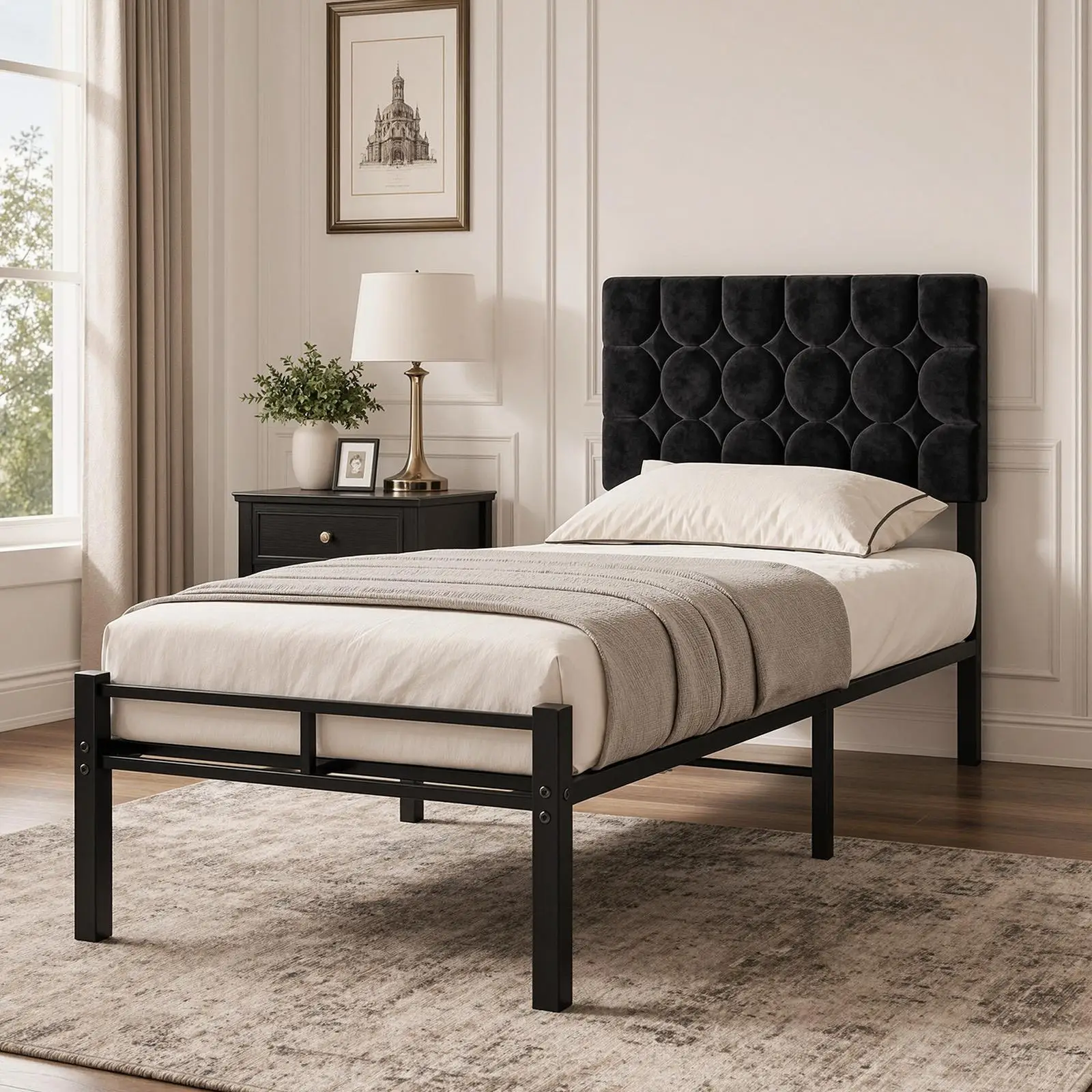 Cama 90x200 cm con cabecero tapizado, terciopelo gris 🛏️