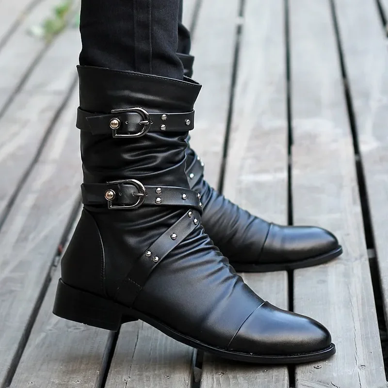 Zimowe buty męskie ze szpiczastym noskiem do połowy łydki Pasek z klamrą Chelsea Boot dla mężczyzn Skórzane męskie buty motocyklowe Wysokie buty zimowe dla mężczyzn — zdjęcie 2