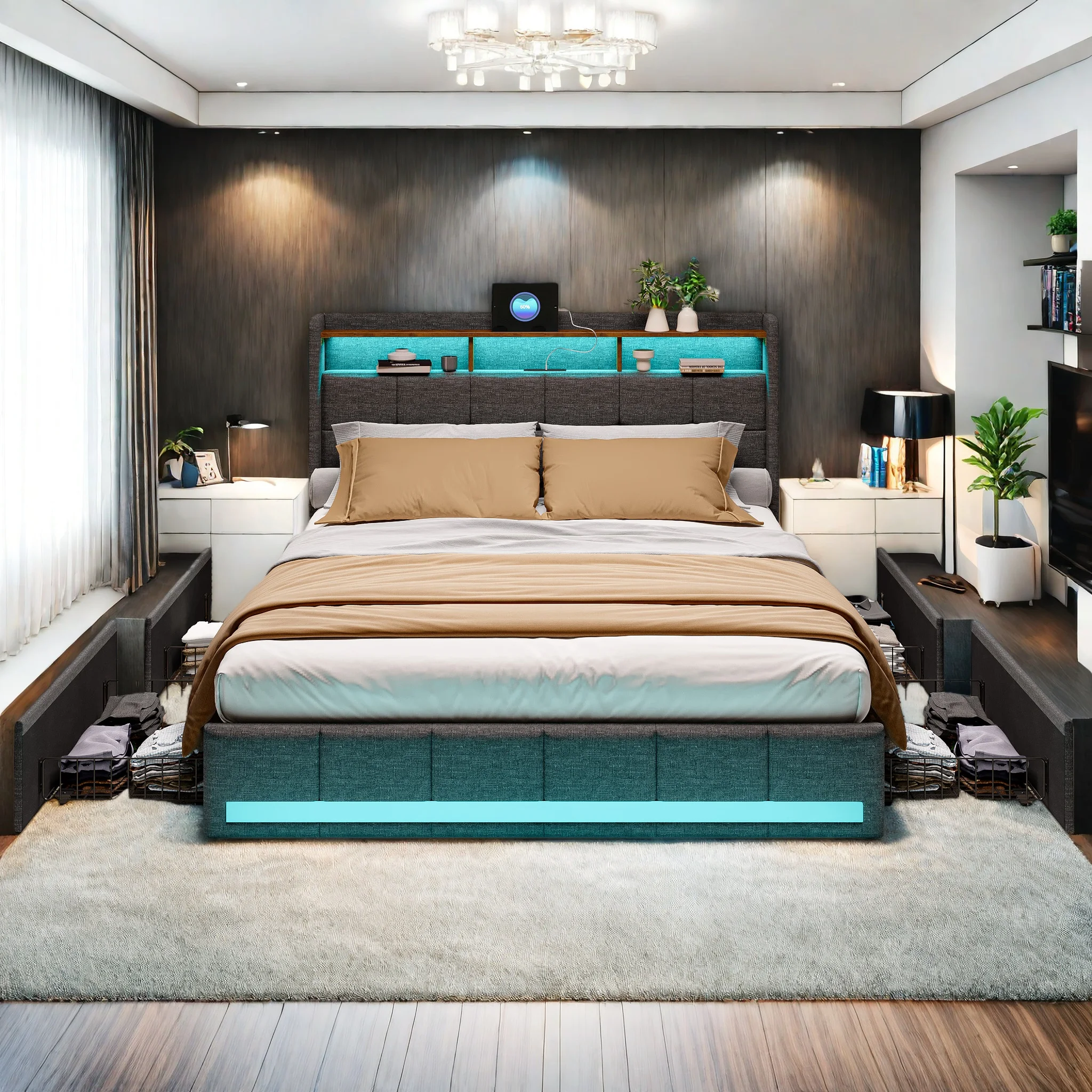 Anajqaqia, 140/160 X 200 cm Upholstered Bed With 4 Metal Drawers, Storage Bed, Double Bed, Storage Bed, Floor-Standing Bed Frame, Master Bedroom Bed, Headboard With Storage Compartments, Linen, Beige/Gray