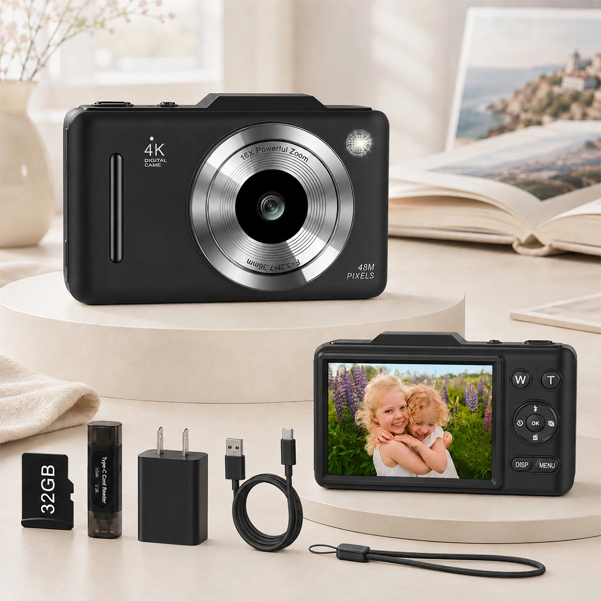 4K Digital Camera For Teen Students, 48MP Compact Photo Video Camcorder With 16X Digital Zoom, Portable Point‑and‑Shoot Camera With 32GB Card For Travel Daily Self‑Shooting