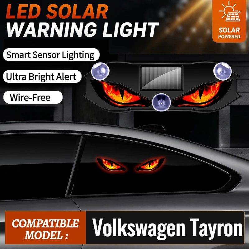 For Volkswagen Tayron LED Demon Eye Car Security Warning Light Solar Charging Decorative Ambient Lamp Wireless Multi Color
