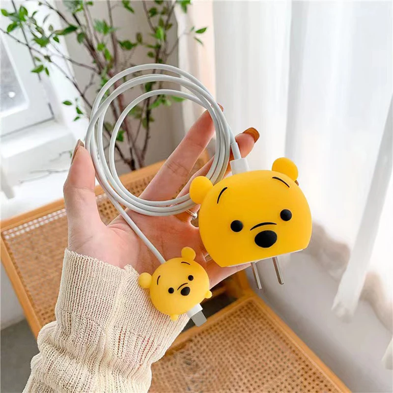 Disney Winnie the Pooh Cartoon Cable Protectors Set - Fast Charging PVC Cable Head Cover & Accessory Sleeve for IPhone 18W/20W,