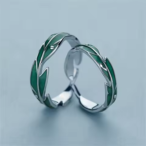New Fashion Green Leaves Couple Rings For Women Men Lovers Forever Love Silver Color Open Ring Bridal Engagement Wedding Jewelry