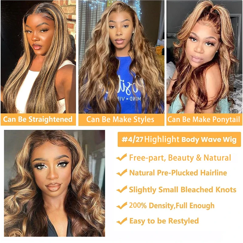 Highlight Ombre Honey Blonde Body Wave 13x6 Lace Front Wigs Human Hair Pre Plucked 200 Density 4/27 Colored for Women 28 Inch