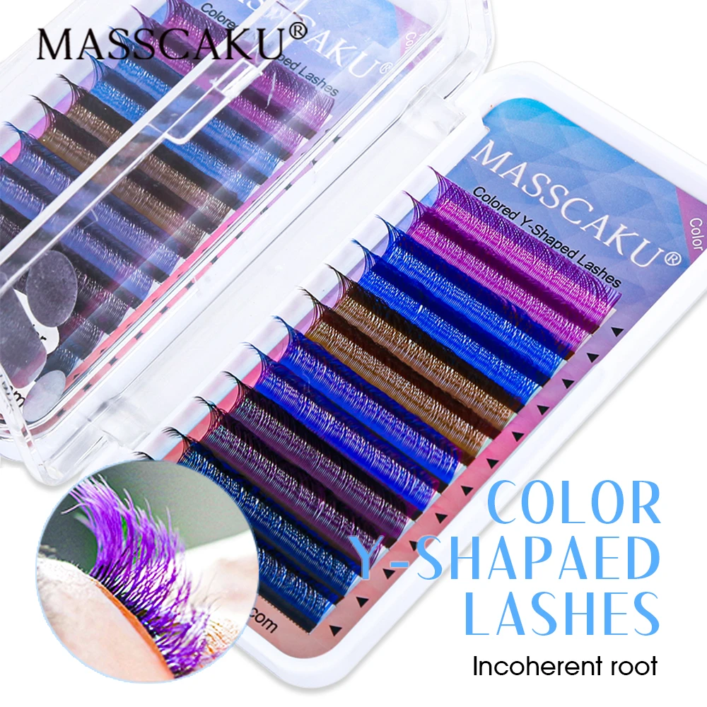 MASSCAKU Two Tips Colored Lashes Y Shape Soft Natural YY Design Fluffy 2D Pre-made Colorful Individual Synthetic Lashes