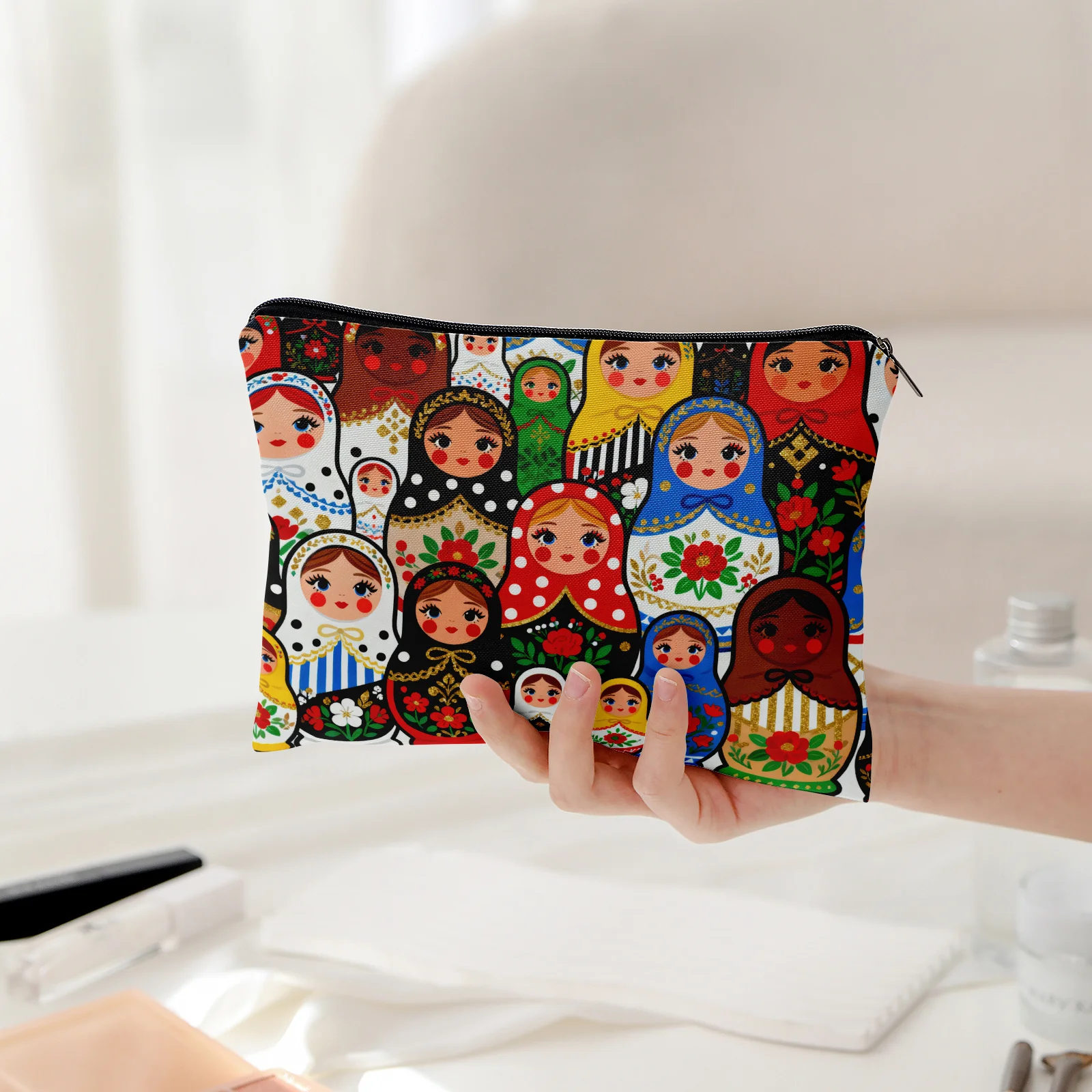1Pc Traditional Folk Colorful Russian Matryoshka Doll, Retro Design Multifunctional Travel Makeup Bag, Snack Storage Bag, Stationery Storage Bag, Fashionable Toiletry Bag, Canvas Double-Sided Printed Zipper Pouch
