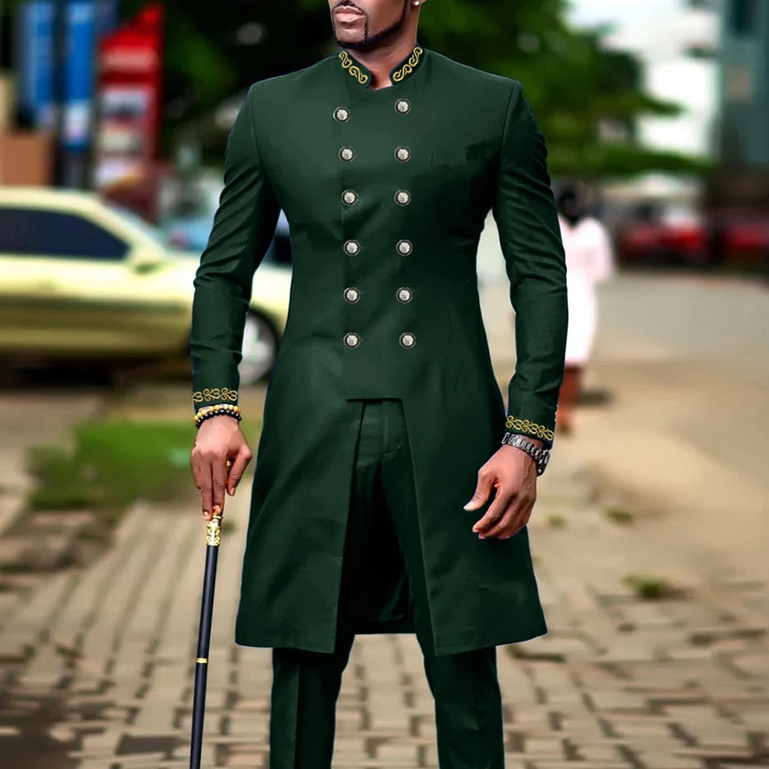 New 2Pc African Traditional O-Neck Outfit Dashiki Muslim Costume For Men Luxury Brand Clothing Full Pant Sets To Dress Kaftan