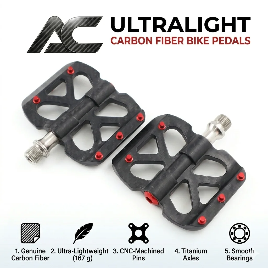 

TESNO Bicycle Pedals Carbon Fiber Pedal 3 Bearing Ultralight MTB road bike Titanium Non-Slip Quick Release 14mm Universal Thread