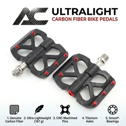 TESNO Bicycle Pedals Carbon Fiber Pedal 3 Bearing Ultralight MTB road bike Titanium Non-Slip Quick Release 14mm Universal Thread