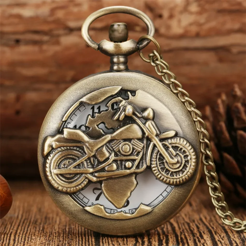 Nowy przybył brązowy Vintage Retro motocykl zegarek kieszonkowy motocykl naszyjnik wisiorek zegarki kwarcowe unisex Relogio Masculino prezenty — zdjęcie 2