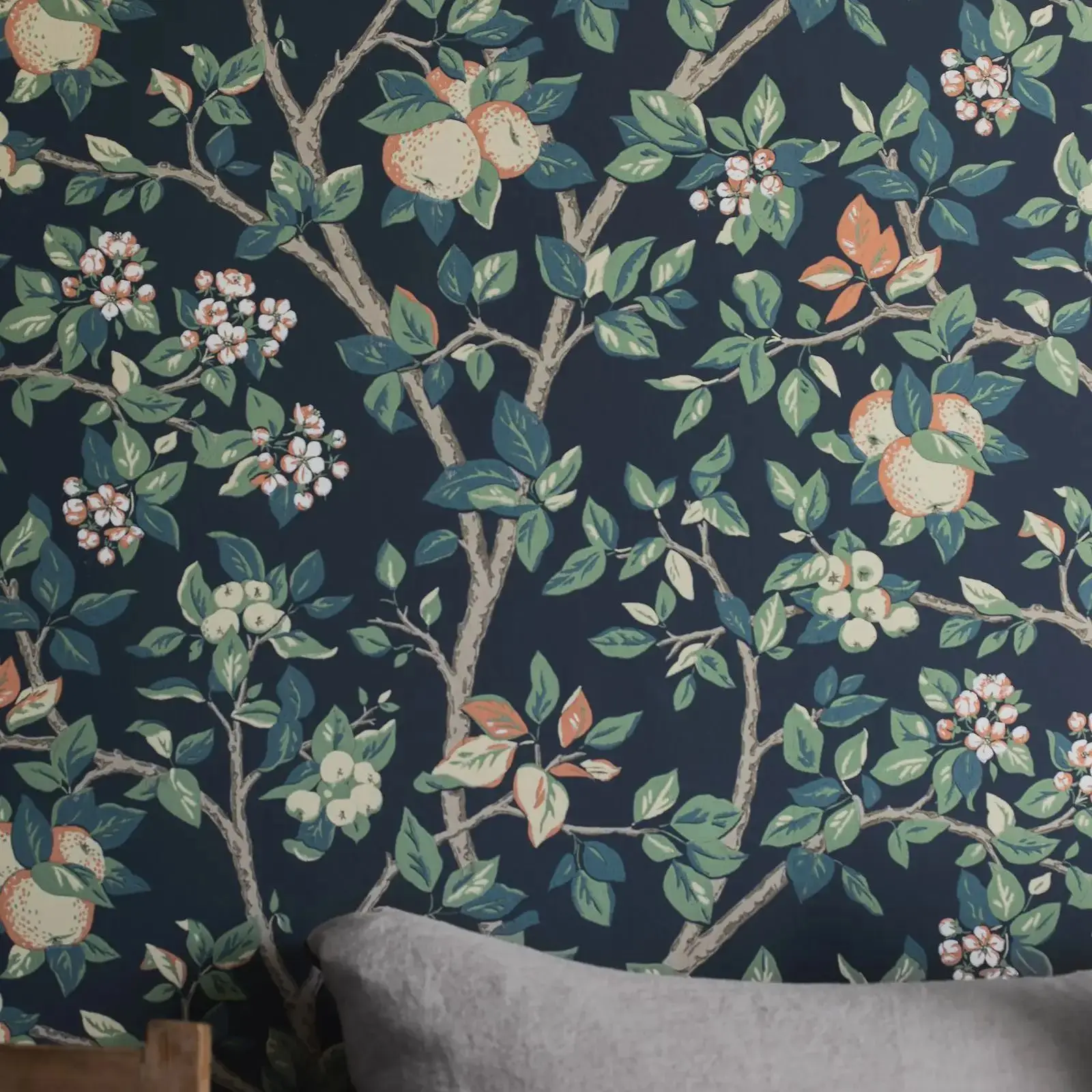 Nature contemporary Wallpaper Ingrid Marie, Scnadinavian Wallpaper with Apple Tree Motif Through the Seasons in Blue Color