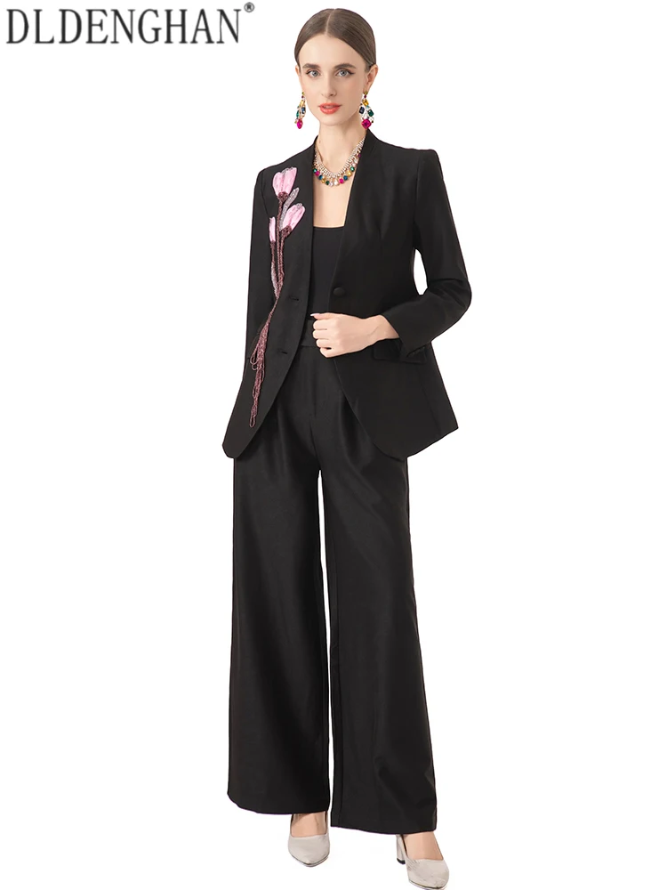 DLDENGHAN Women V-Neck Long Sleeves Single Breasted Beading Tassel Accessories Spring Autumnal Office Lady Trousers 2-Piece