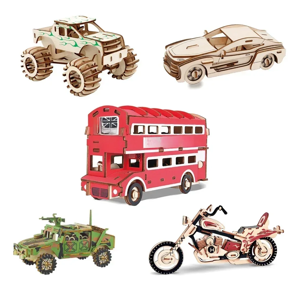 Puzzle en bois 3D, série de véhicules, modèle de construction, Bus, camion, moto, thème en bois, jouets de simulation éducatifs, bricolage